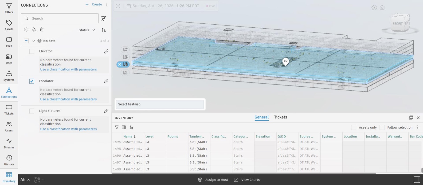 Digital twin platform showing the tagged asset inventory for the parking deck